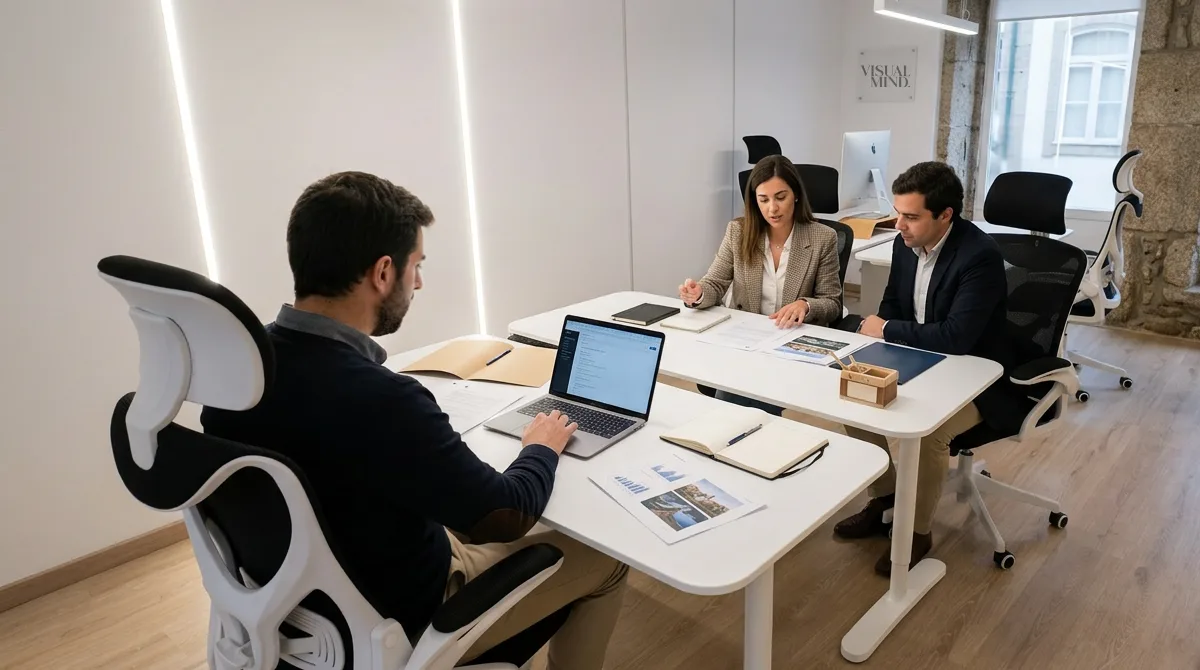 Reunião de briefing entre empresário e agência de marketing digital em Braga
