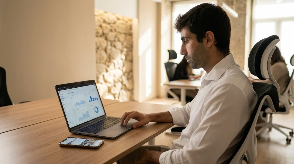 Empresário a analisar métricas de redes sociais no computador