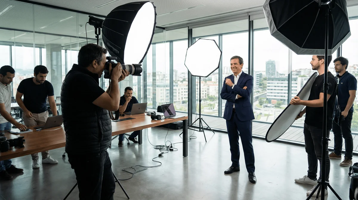 Equipamento de fotografia profissional preparado para sessão corporativa