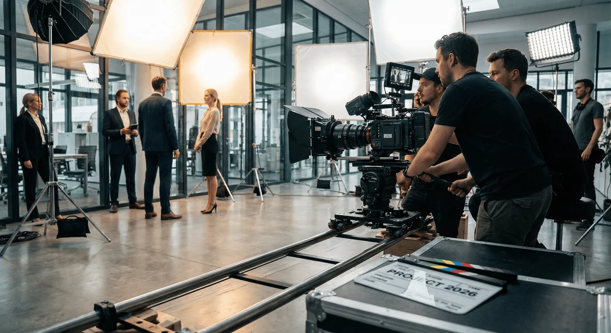 Equipa de produção de vídeo empresarial em set profissional